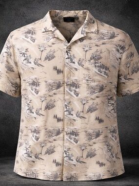 Harley Davidson Tropical Button Up Shirt Beige Black Scenic Print Short Sleeve